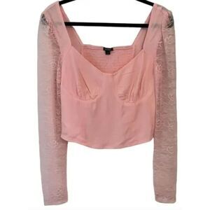 Lace Long Sleeve Crop Top Shirred Back, Wild Fable, Light Pink Large